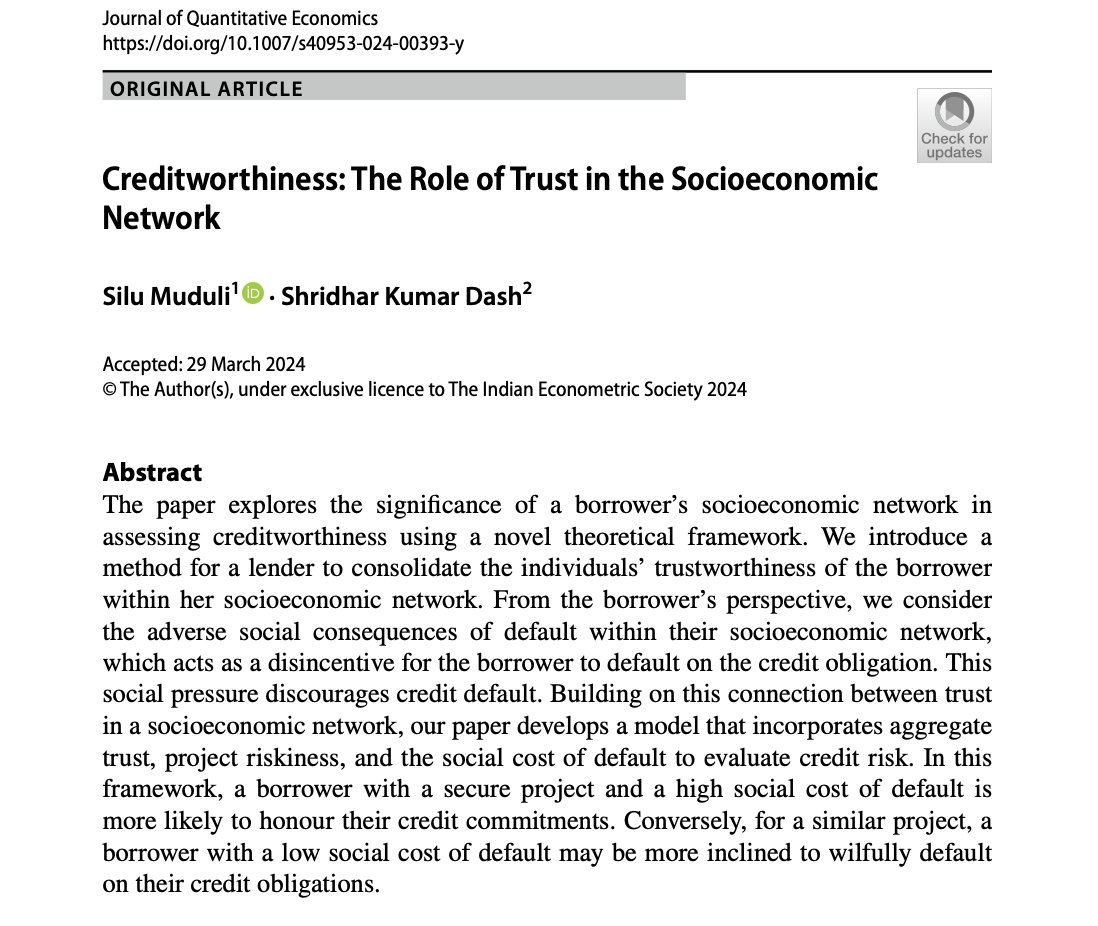 🌼 OUR NEW ARTICLE 🌼
CREDITWORTHINESS: THE ROLE OF TRUST IN SOCIOECONOMIC NETWORK

In a game-theoretic analysis, the study demonstrates that in equilibrium:

1️⃣ Lenders tend to extend loans at reduced interest rates to borrowers who exhibit greater trust within their…