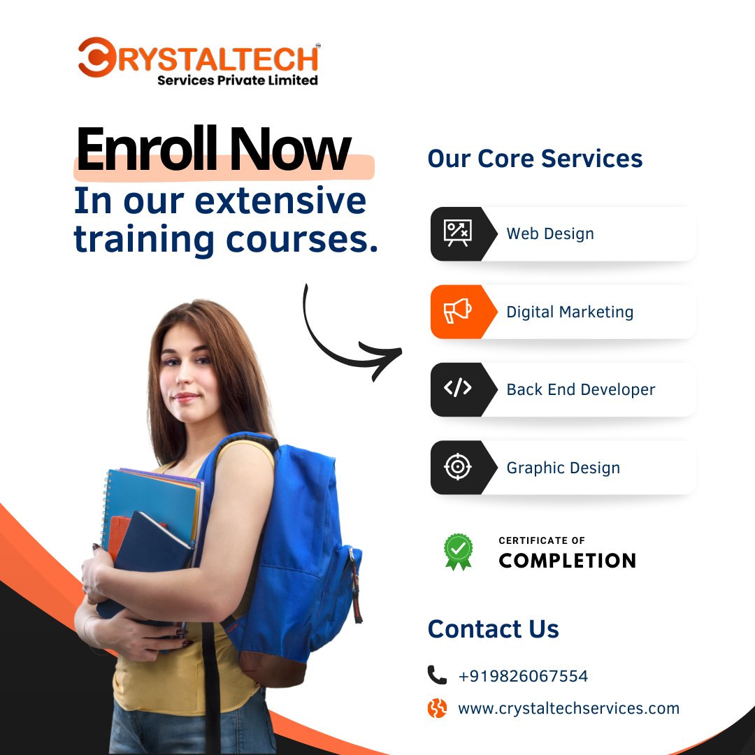 crystaltech_ltd's tweet photo. Greetings From Crystaltech Services Private Limited is organizing an Offline Training program with Less Charges Applied.

#internship #intern #summer #summerinternship #hiring #cfbr #hr #hrms #hrm #student #webdesigner #webdesign #webdeveloperintern #webdeveloper https://t.co/zACA2P2T00
