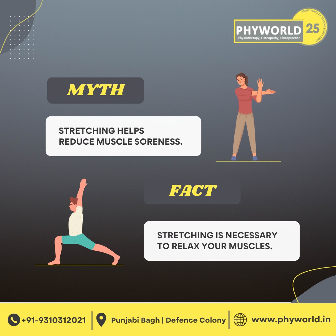 phyworlddelhi's tweet photo. Myth: Stretching helps reduce muscle soreness.
Fact: Stretching is necessary to relax your muscles.

Meet our expert Physiotherapist.
For Appointments, Call us at +91-9310312021 or visit https://t.co/0zXNCSqP9M

#MuscleSorenessMyth #StretchingFacts #MuscleRecovery https://t.co/QiRYjlRtSS