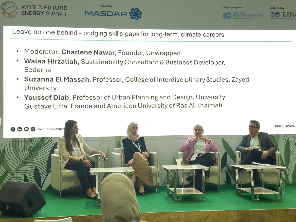 Great insights were shared by Professor Suzanna ElMassah from our client, Zayed University at the World Future Energy Summit yesterday. On the topic of ‘Leaving No One Behind: Bridging Skills Gaps for Long-Term Climate Careers,’ the insightful panel session focused on the role