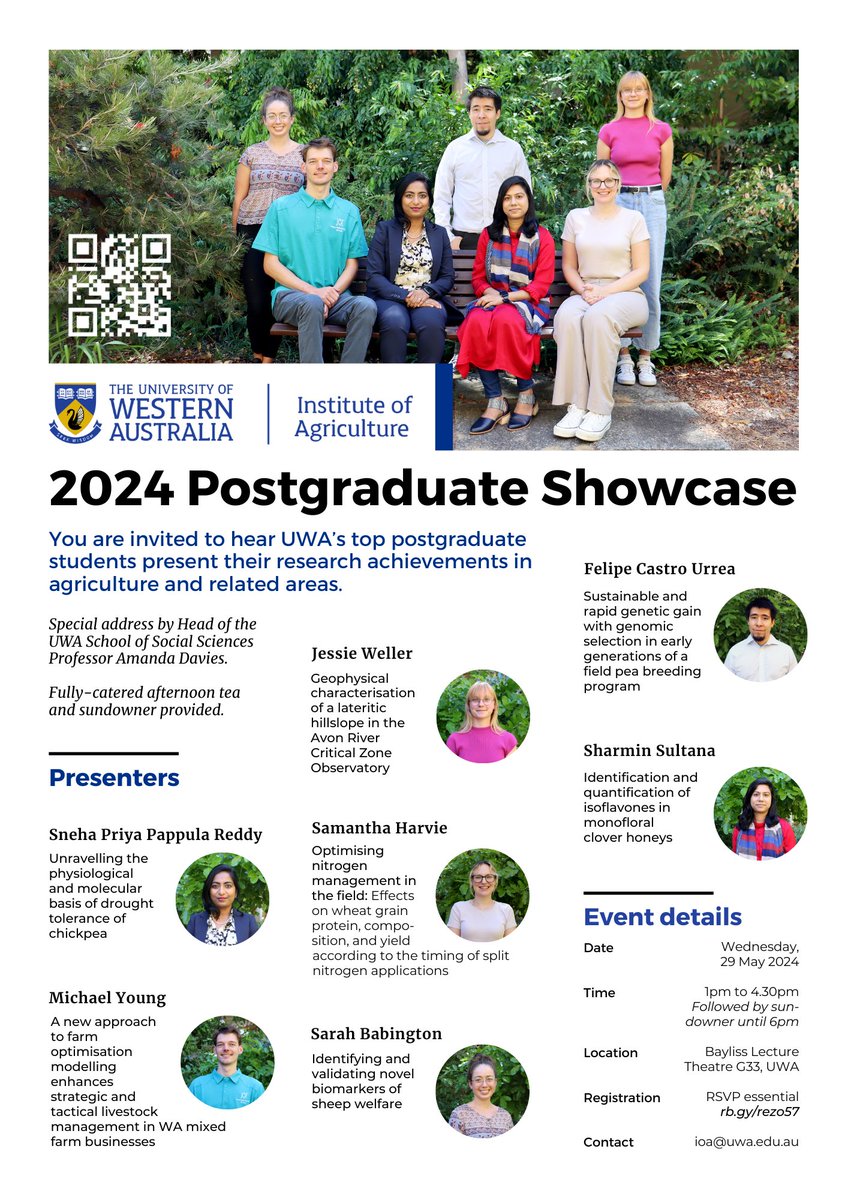 The UWA Institute of Agriculture (@ioa_uwa) on Twitter photo Our 18th annual Postgraduate Showcase is just around the corner on 29 May! ✨ There are only 20 spots left, so hop over to Eventbrite & register ASAP: eventbrite.com.au/e/2024-postgra… Can't attend in person? No worries! <a href="/IOA_UWA/">The UWA Institute of Agriculture</a> shares event recordings on YouTube: youtube.com/channel/UCHZPI… Our 18th annual Postgraduate Showcase is just around the corner on 29 May! ✨ There are only 20 spots left, so hop over to Eventbrite & register ASAP: eventbrite.com.au/e/2024-postgra… Can't attend in person? No worries! <a href="/IOA_UWA/">The UWA Institute of Agriculture</a> shares event recordings on YouTube: youtube.com/channel/UCHZPI…