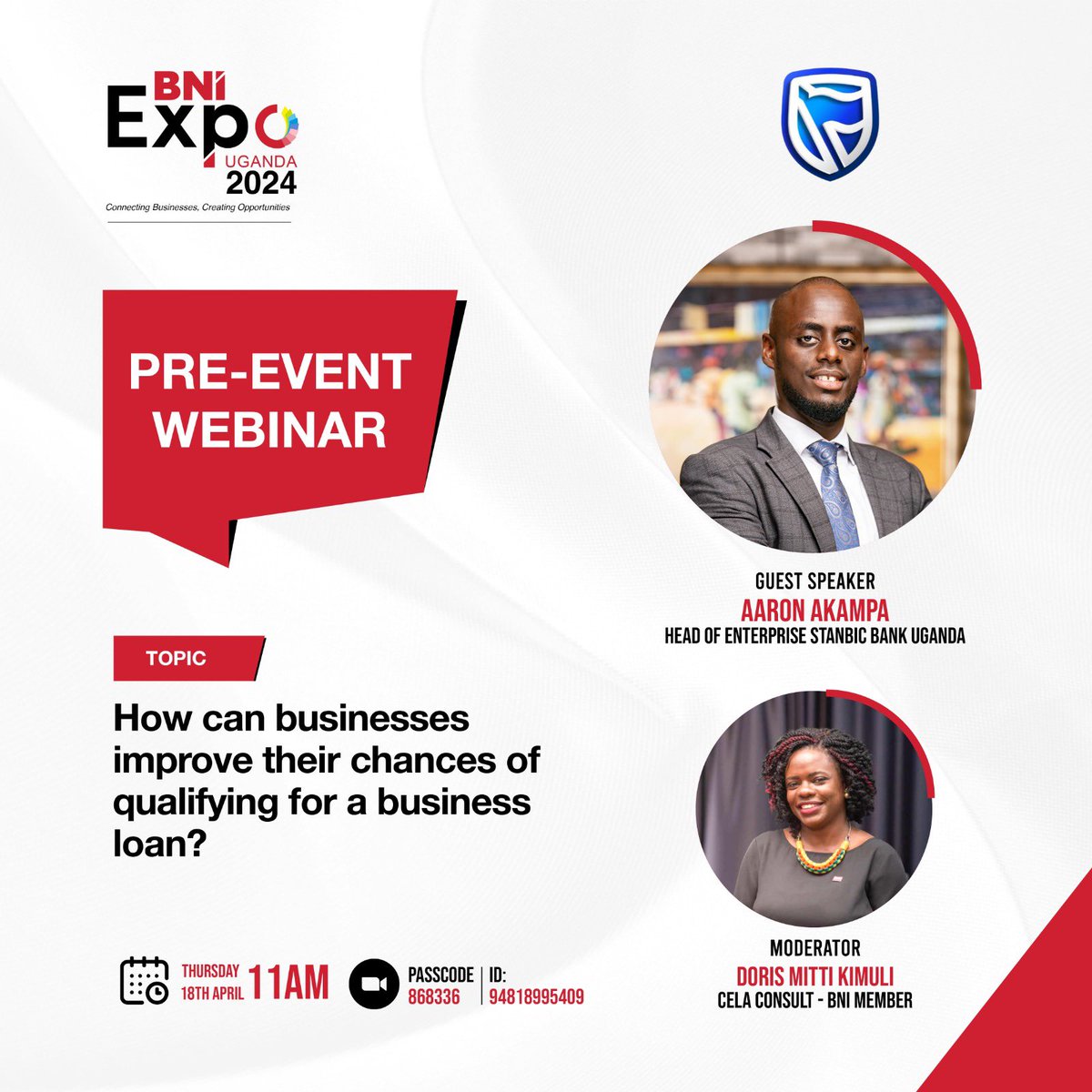 Happening today, a webinar from (@BNIuganda ) on a topic “How can businesses improve their chances of qualifying for a business loan” Be part of the conversation as you learn more about how you can improve your business bnionline.zoom.us/webinar/regist… #BNIExpo2024