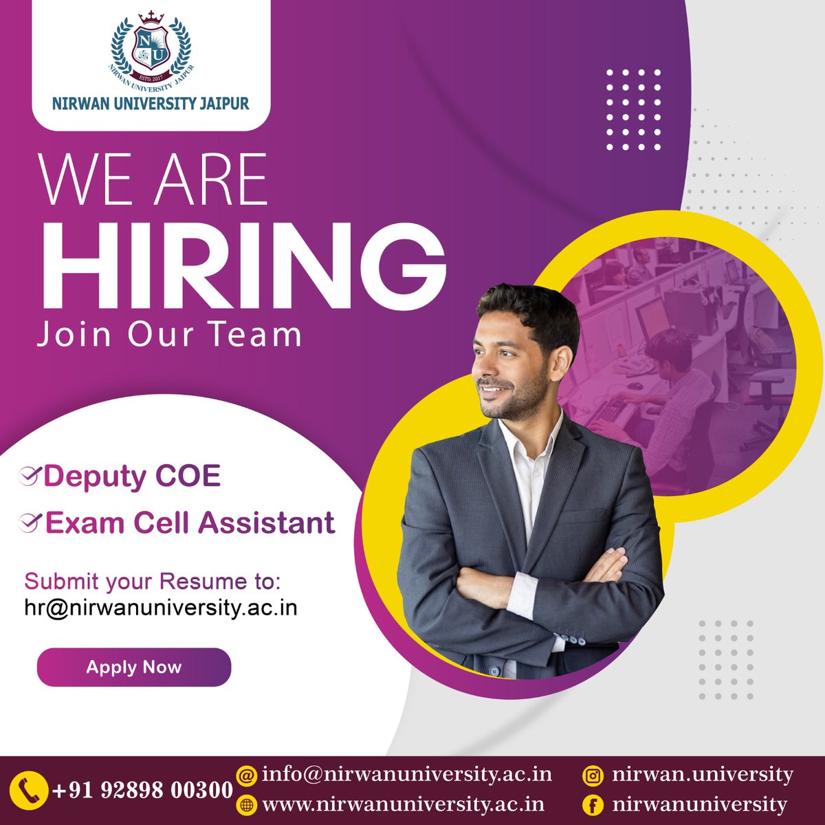 🌟 Join Our Team! 🎓 #NirwanUniversityJaipur is expanding and we want YOU to be a part of it! 🚀 We're currently seeking a Deputy #COE and #ExamCellAssistant. Send your resume to hr@nirwanuniversity.ac.in to apply! Submit your CV at: hr@nirwanuniversity.ac.in #HiringNow