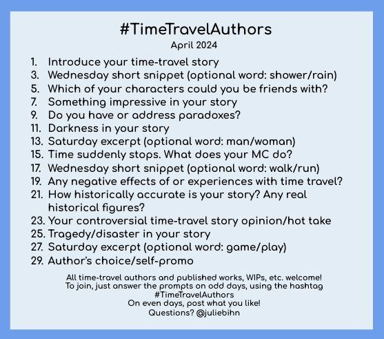juliebihn's tweet photo. I can't wait to go to #TimeTravel jail for my time travel hot take on the 23rd. (#TimeTravelAuthors is a fun hashtag game to learn about each other's works. Just post the day's answer every other day. Or on even days, like today, post whatever!) #WritingQs #WritingCommunity https://t.co/NF93vBHhVh