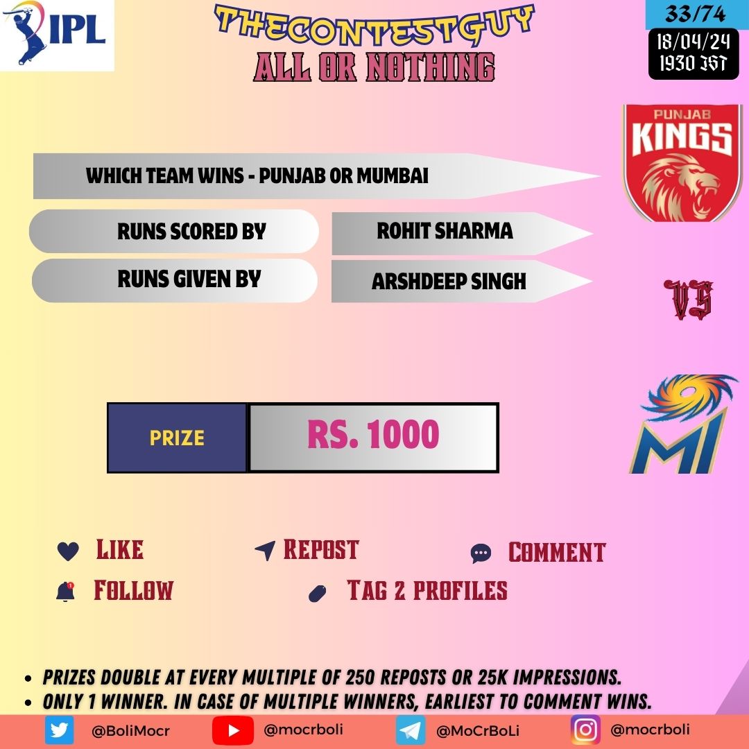 #IPL2024 #AllorNothing Contest by  #TheContestGuy 

Prize - Rs. 1000

Predict  
1. Which team wins in #PBKSvsMI 
2. Rohit Sharma' Exact Score
3. Runs given by Arshdeep Singh

- Follow, Repost & Like
- Tag 2 Profiles