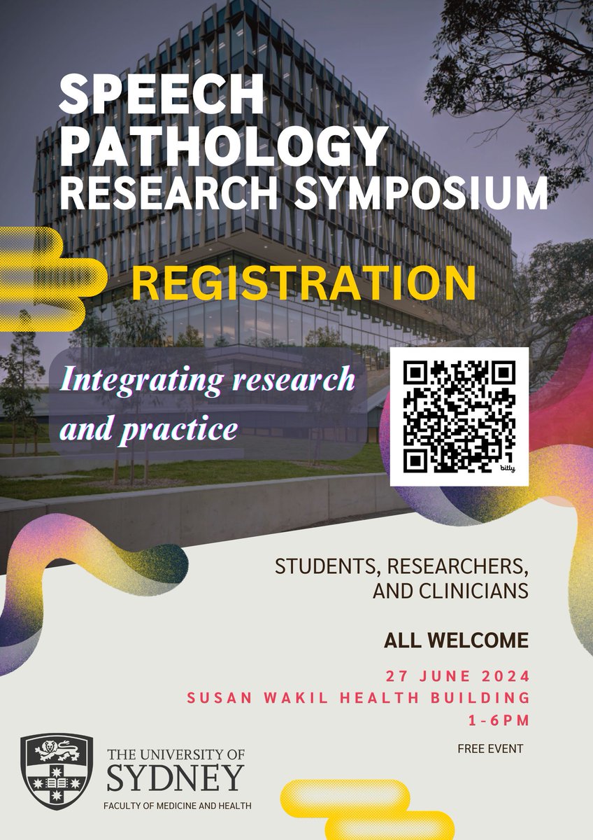 We're excited to announce the next Speech Pathology Research Symposium @Sydney_Uni will be on Thursday 27th June 2024, 1-6pm. This is an in-person free event for students, clinicians and researchers. Register via: bit.ly/3Q422Ps