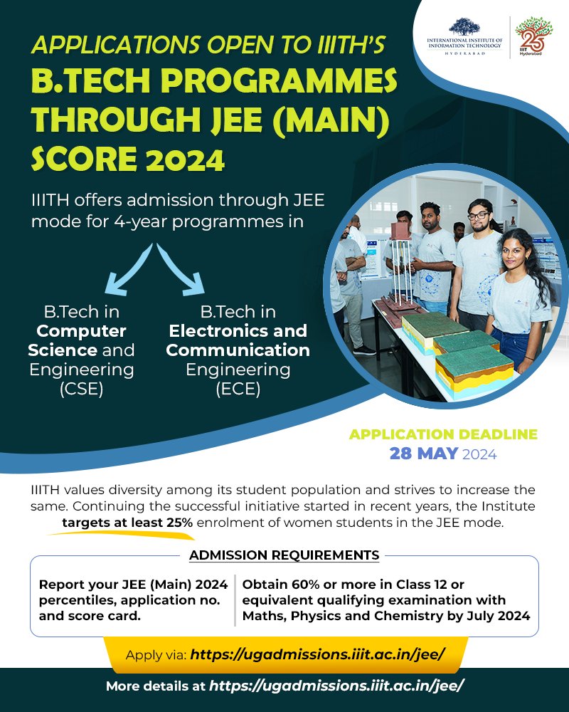 Applications are now open to IIITH’s BTech programmes through JEE (main score). More details at ugadmissions.iiit.ac.in/jee/