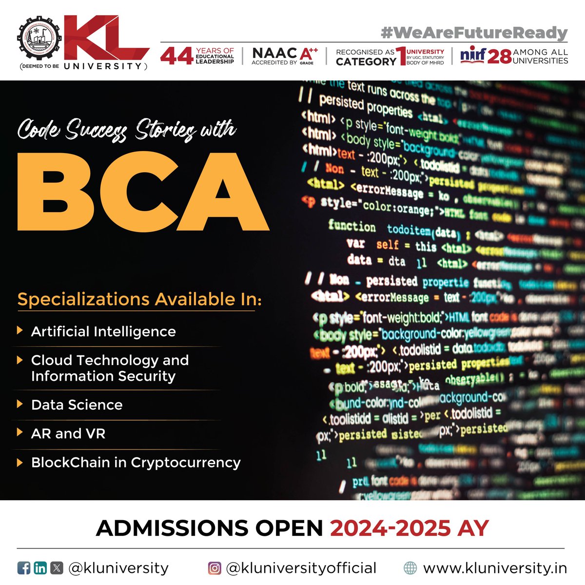 Explore your potential with our BCA program, offering specializations in AI, Cloud Tech, Data Science, AR/VR, and Blockchain for Cryptocurrency. 

Apply Now: kluniversity.in/admissions-202…

#KLuniversity #KLU #AdmissionsAreOpen2024 #Admissions2024_25 #WeAreFutureReady #Placements #BCA