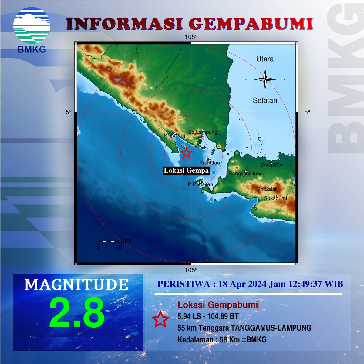 Info Gempa Mag:2.8, 18-Apr-24 12:49:37 WIB, Lok:5.94 LS - 104.89 BT (55 km Tenggara TANGGAMUS-LAMPUNG), Kedlmn: 58 Km ::BMKG