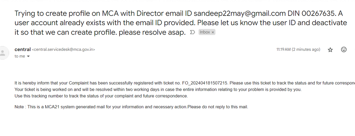 csswatiaggarwal's tweet photo. @HelpdeskMCA21V3 @LTIMindtreeOFCL FO_202404181507215 not able to create profile on MCA portal. Please deactivate the user ID. Details are given in ticket and here in photo. Please resolve asap. https://t.co/fImA4lYKTr