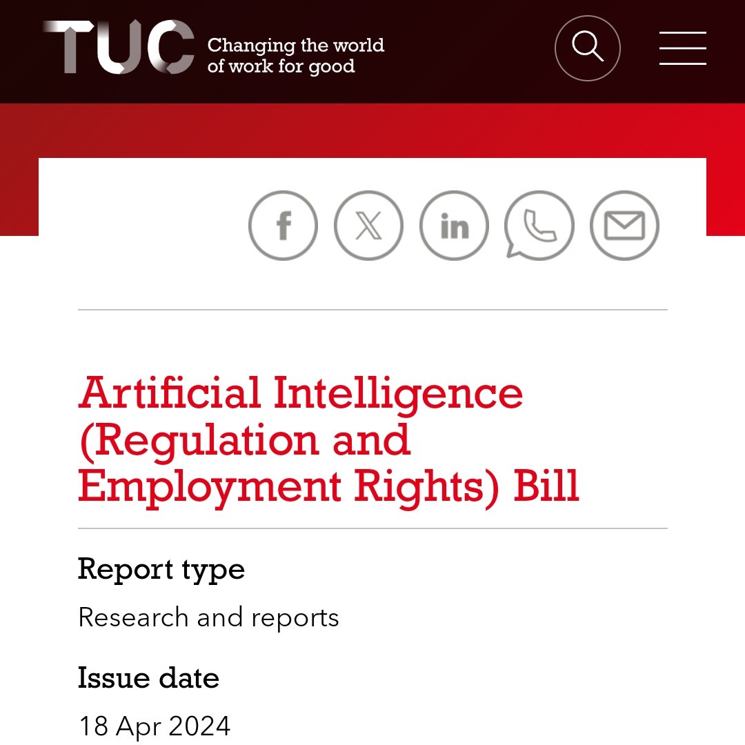 Mary Towers (@marymay_ling) on Twitter photo 📢💥Excited to announce publication of <a href="/The_TUC/">Trades Union Congress</a> AI Bill in collaboration with <a href="/AILawHub/">AI: Equality, Data Protection and Human Rights</a> <a href="/CloistersLaw/">Cloisters</a> <a href="/MCTDCambridge/">Minderoo Centre for Technology and Democracy</a>! Drafted with multi-stakeholder advisory committee:
tuc.org.uk/research-analy… 📢💥Excited to announce publication of <a href="/The_TUC/">Trades Union Congress</a> AI Bill in collaboration with <a href="/AILawHub/">AI: Equality, Data Protection and Human Rights</a> <a href="/CloistersLaw/">Cloisters</a> <a href="/MCTDCambridge/">Minderoo Centre for Technology and Democracy</a>! Drafted with multi-stakeholder advisory committee:
tuc.org.uk/research-analy…