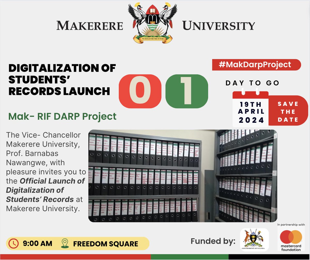 #01DayToGo #MakDarpProject Tomorrow @Makerere Freedom Square. Digitalisation of Student's Records Launch will be happening starting at 9:00AM.