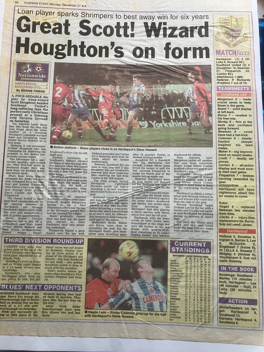 A chilly trip to Tumbleweed Central in 1998 for one of my favourite away wins… and a pre-match Mexican stand-off between a handful of opposing fans over a few slices of sausage roll on a table in the middle of the Wonky Donkey #Southend #Hartlepool #ThirdDivision @Essex_Echo