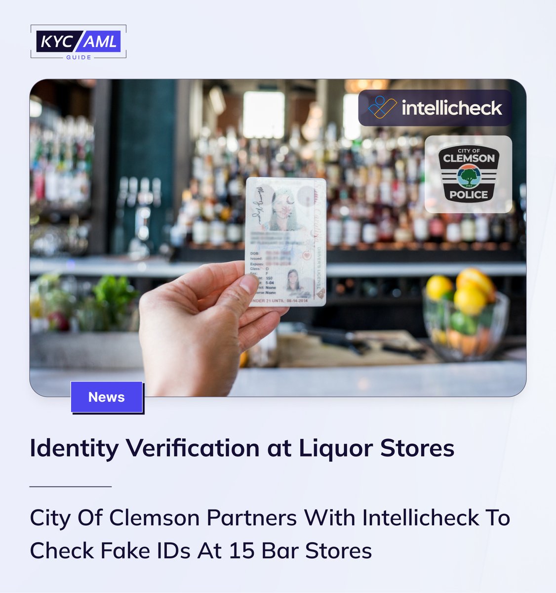@CityofClemson partners with @IDNIntellicheck to implement an identity verification solution in 15 bars to combat underage drinking.
#IdentityVerification #KYC