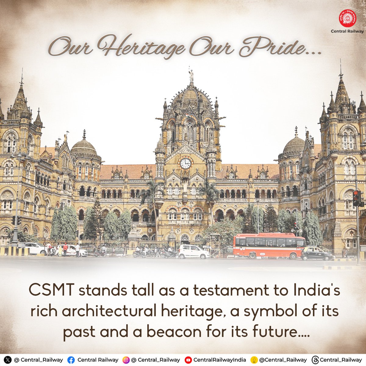 Happy #WorldHeritageDay! Celebrating our rich architectural heritage and the UNESCO World Heritage site, Chhatrapati Shivaji Maharaj Terminus, a symbol of our glorious past. Our heritage, our pride! @RailMinIndia