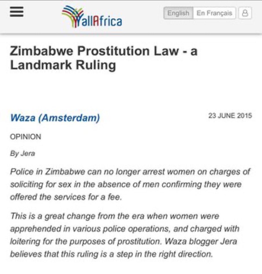 If the police cannot show who was solicited in court they should let these young women go. We just need to legalise sex work and have it regulated.

@Zimttech_zw @WomenEmpow  @WCOZIMBABWE @UN_Women @ZLHRLawyers 

#sexworkerlegalization #sexworkers #WomensRights #law