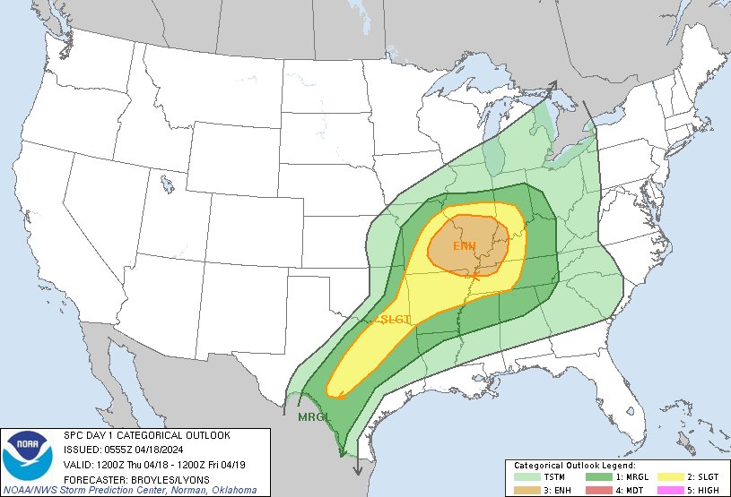 12:57am CDT #SPC Day1 Outlook Enhanced Risk: across part of the Ozarks, mid Mississippi Valley, and lower Ohio Valley spc.noaa.gov/products/outlo…