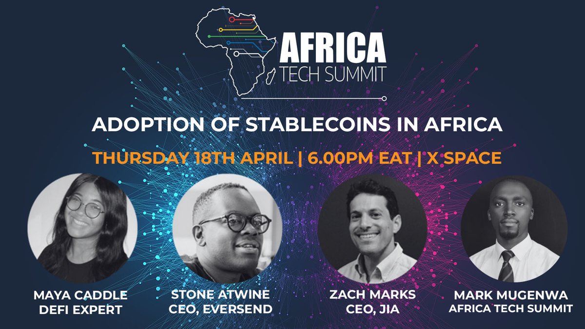 🚀 Today 6.00 PM (EAT) 18th April: X Space on 'Adoption of Stablecoins in Africa' with @CaddleMaya, DeFi Expert, @StoneAtwine from @eversendapp, @zmarks215 from @jia_DeFi, and Mark Mugenwa from Africa Tech Summit bit.ly/3JhKrjt