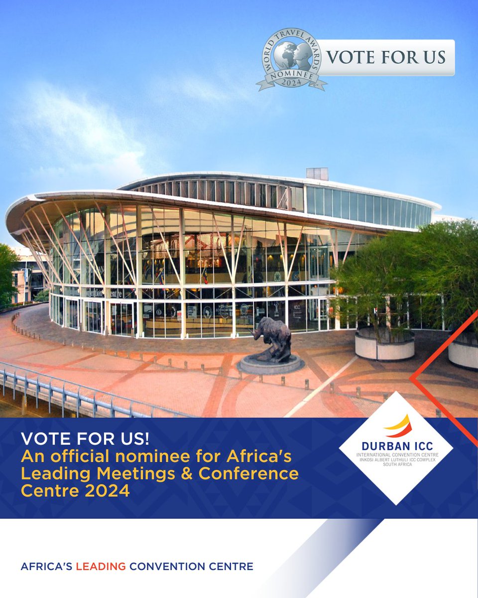 The Durban ICC has been nominated as Africa's Leading Meetings & Conference Centre 2024 at the World Travel Awards! We need your vote to WIN! worldtravelawards.com/vote and help us take this prestigious title once again! #DurbanICC #WTA2024 #VoteNow