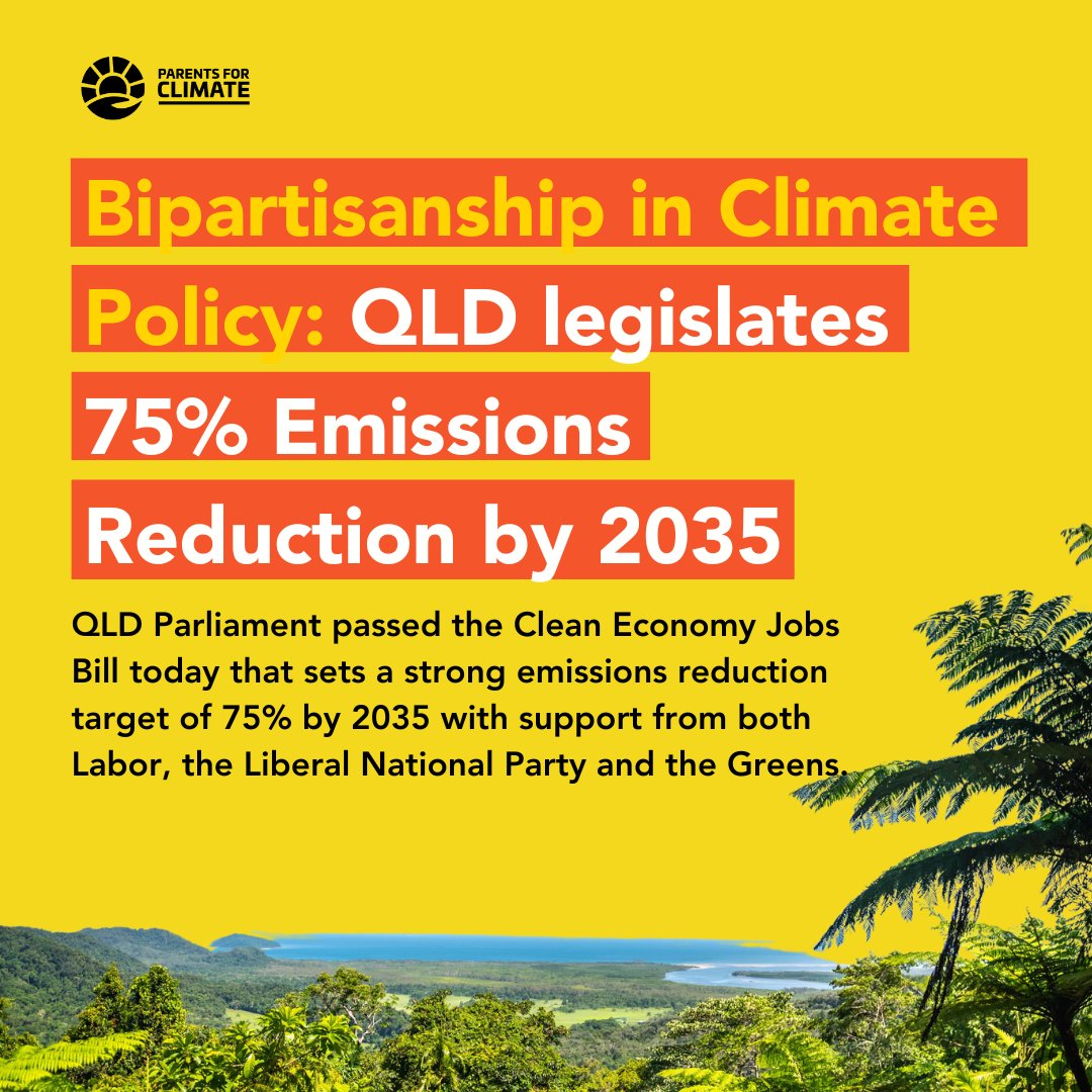 climate_parents's tweet photo. ☀️ Go Queensland! ☀️

We congratulate the QLD Parliament for passing the Clean Economy Jobs Bill: setting a strong emissions reduction target of 75% by 2035. 

Great news for our kids and our communities ❤️

@StevenJMiles
@DavidCrisafulli
@SamOConnorMP
@MickdeBrenni https://t.co/CB6dLTRjmz