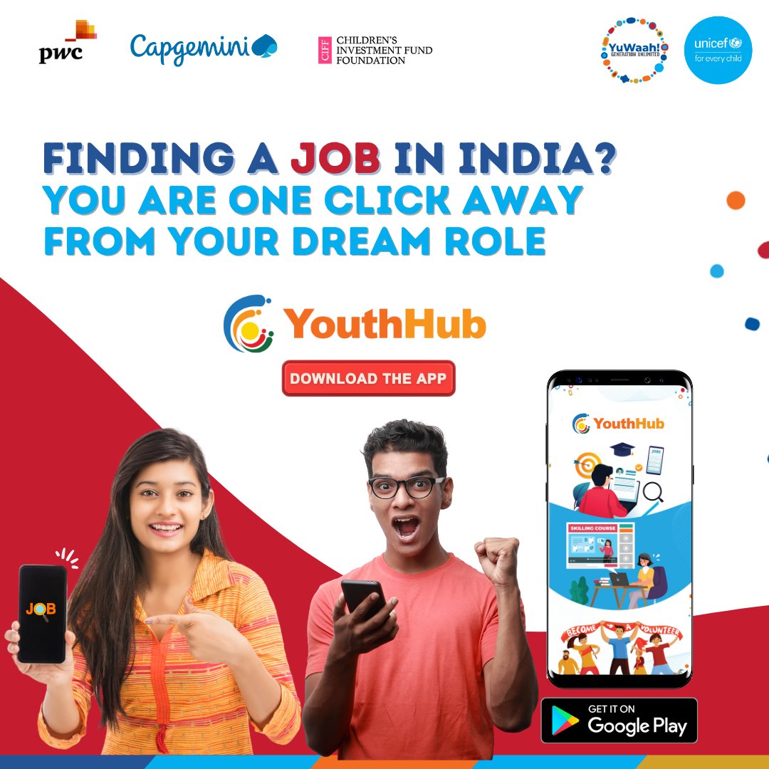 Get access to a variety of job opportunities on a single platform! Download #YouthHub today from Google Playstore. 🔗play.google.com/store/apps/det… @PwC_IN @CapgeminiIndia @CIFF_in_India @UNICEFIndia @GenUnlimited_