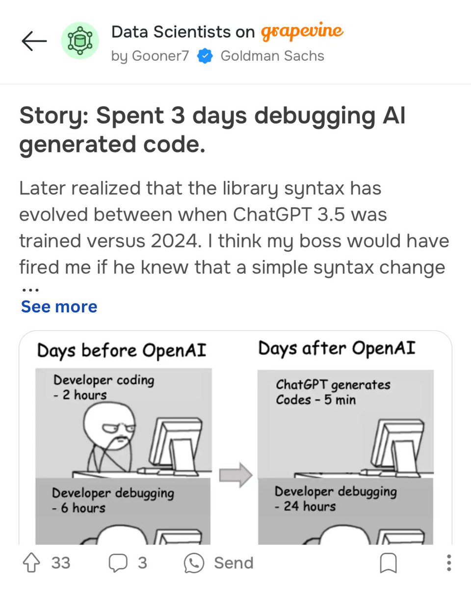 If you are someone who uses ChatGPT for coding you need to be aware of this limitation. Came across this post where a Data Scientist spent 3 days debugging ChatGPT 3.5 code because the syntax had evolved! Full post here: open.grapevine.in/app/datascienc…