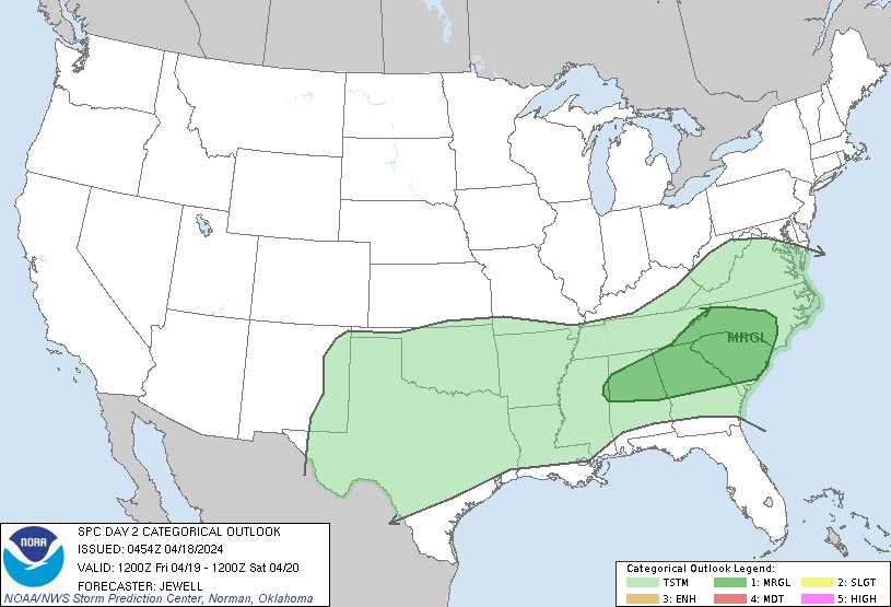 12:57am CDT #SPC Day2 Outlook Marginal Risk: over parts of the Southeast spc.noaa.gov/products/outlo…