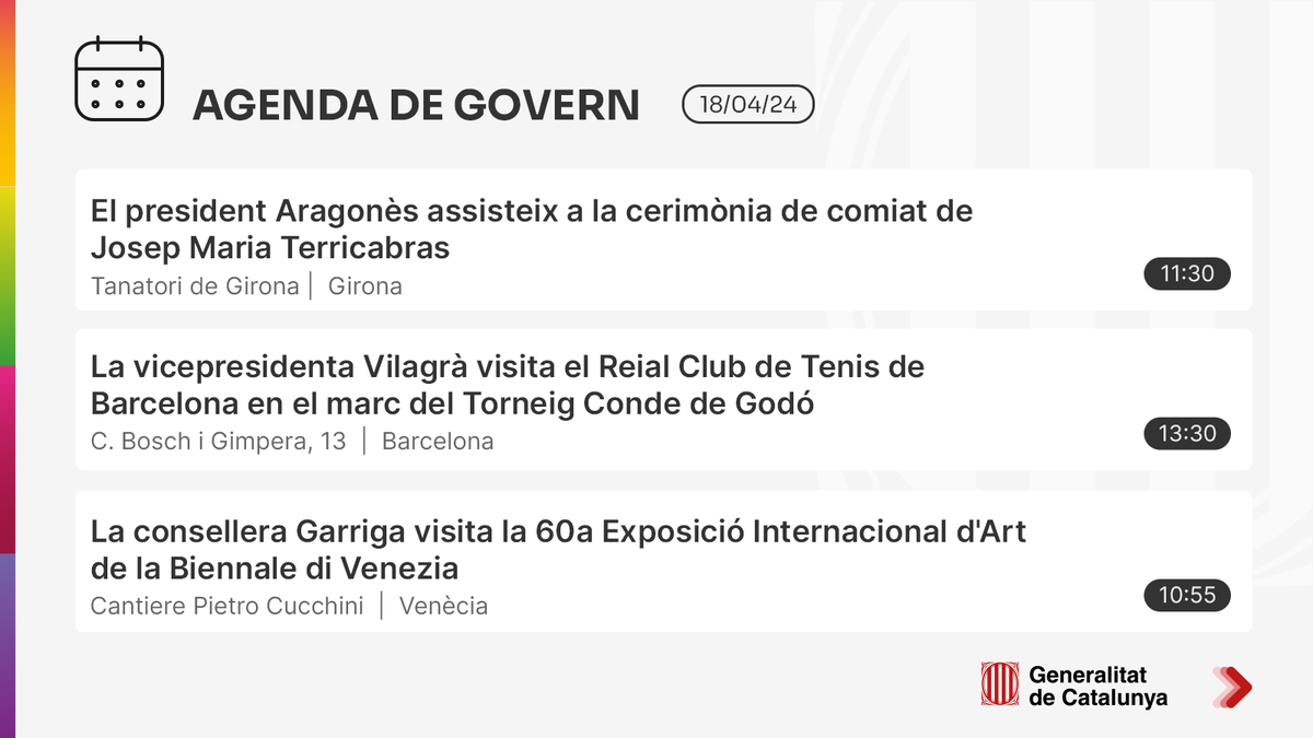 📆 El #president @perearagones assisteix aquest dijous a la cerimònia de comiat de Josep Maria Terricabras 👉 Consulta l'agenda del #Govern aquí: tuit.cat/YoeWr