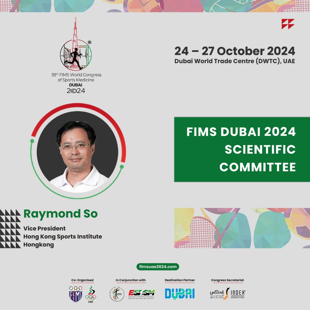 Let's welcome Dr. Raymond So, Vice President of the Hong Kong Sports Institute, Hong Kong, an esteemed member of the Scientific Committee for #FIMSDubai2024 happening on October 24-27, 2024 at the Dubai World Trade Centre (DWTC), UAE! 

Register here: fimsuae2024.com