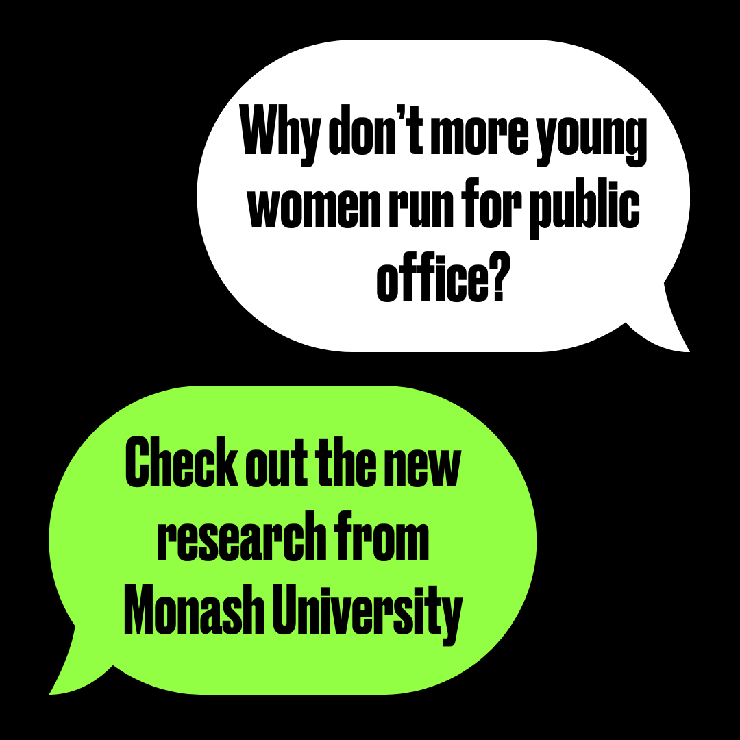 WomenElectionOz's tweet photo. Why don’t more young women run for public office?
New research from Monash University found three key barriers. Do any (or all) of these resonate with you?
#WomenInPolitics #GetElected https://t.co/O0JVTFkC1U