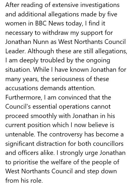 My statement regarding Jonathan Nunn leader of @WestNorthants Council
