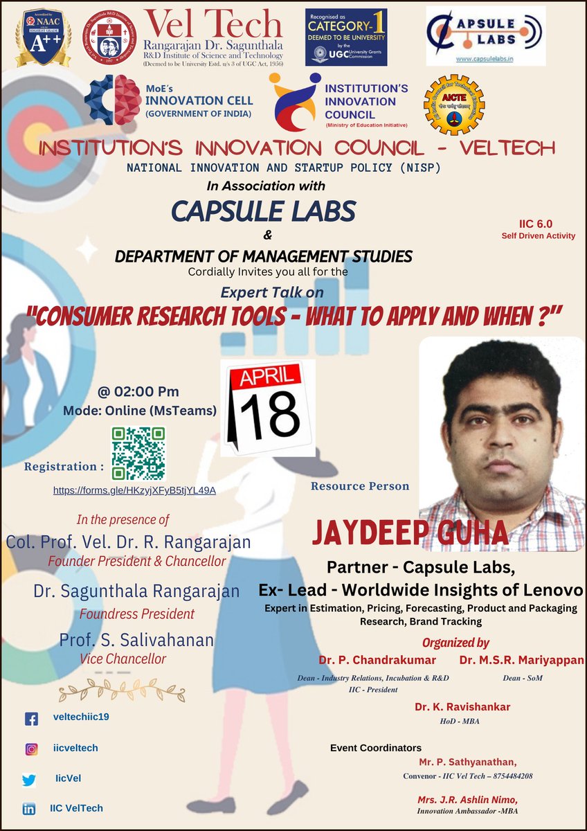 IicVel's tweet photo. IIC VelTech,  Capsule Labs &amp; Department of MBA - Vel Tech, Expert Talk in "Consumer Research Tools - What to apply and when ?”.
️
🗓Date : 18th April, 2024
⏰Time : 2:00 pm to 03:30 pm

Meeting Link:
https://t.co/NXk6T19AOd https://t.co/Qh8R6W9xBk