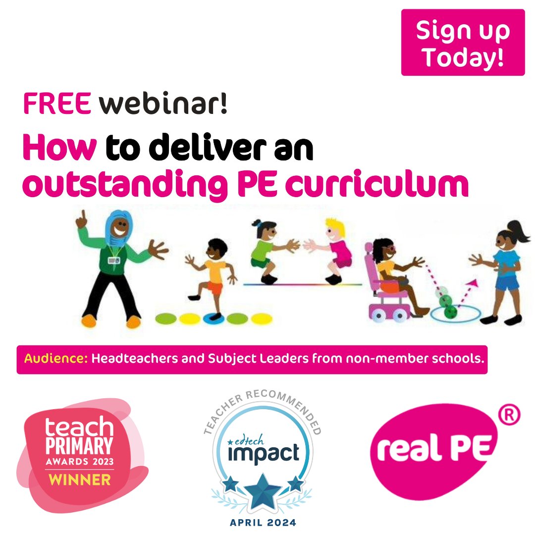 FREE webinar: Tues 30 Apr at 4pm (45mins) 

Explore how high-quality PE can:

- make a proven impact for EVERY child
- increase pupil engagement & progress
- develop teacher confidence & expertise

Book: zurl.co/Nh8g

#ProfessionalLearning #CPD #PhysEd #PrimaryPE