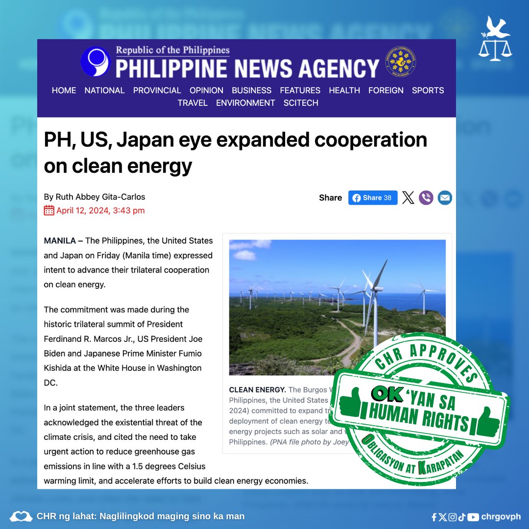 The Philippines, the United States and Japan on Friday (Manila time) expressed intent to advance their trilateral cooperation on clean energy. Read: pna.gov.ph/articles/12225… #OligasyonAtKarapatan
