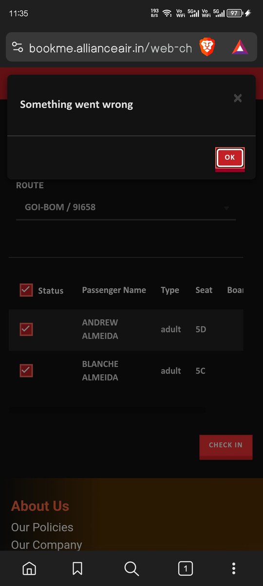 BrandonDsouza79's tweet photo. @allianceair Not able to do web check in. Tried multiple times .Pathetic service. https://t.co/n5cnauiWzF