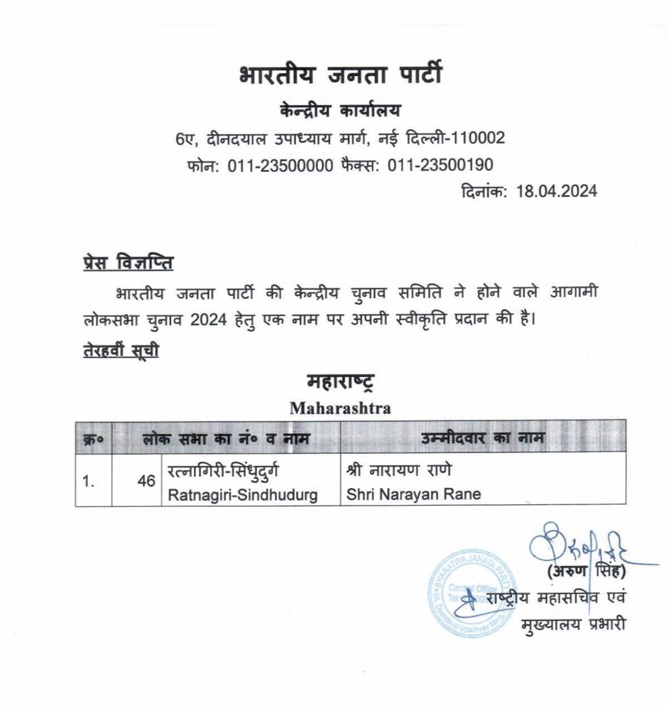 कोकणात राणे पॅटर्न 🔥💪🏻

रत्नागिरी सिंधूदुर्ग ✅
  @MeNarayanRane जी यांना उमेदवारी जाहीर! 

#MaharashtraPolitics