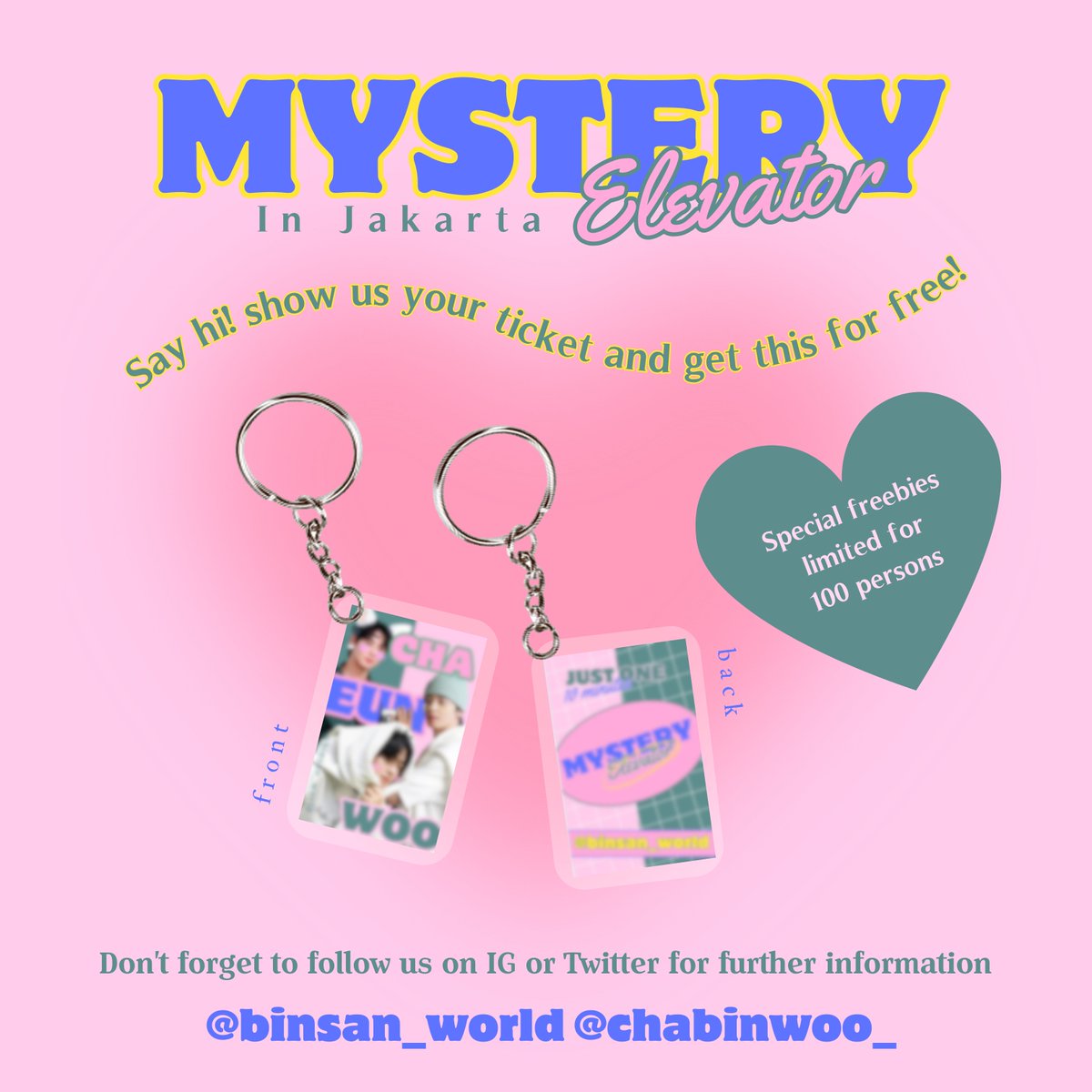 binsan_world's tweet photo. — FREEBIES —

CHA EUN-WOO 2024 Just One 10 Minute [Mystery Elevator] in Jakarta
⤷ by @binsan_world @chabinwoo_

📍 Tennis Indoor Senayan
🗓️ April 20th, 2024

Please RT, like &amp; share this tweet 🥰

See you! 💞

#MysteryElevator #CHAEUNWOOinJKT #차은우 https://t.co/jbC42FS7Eo