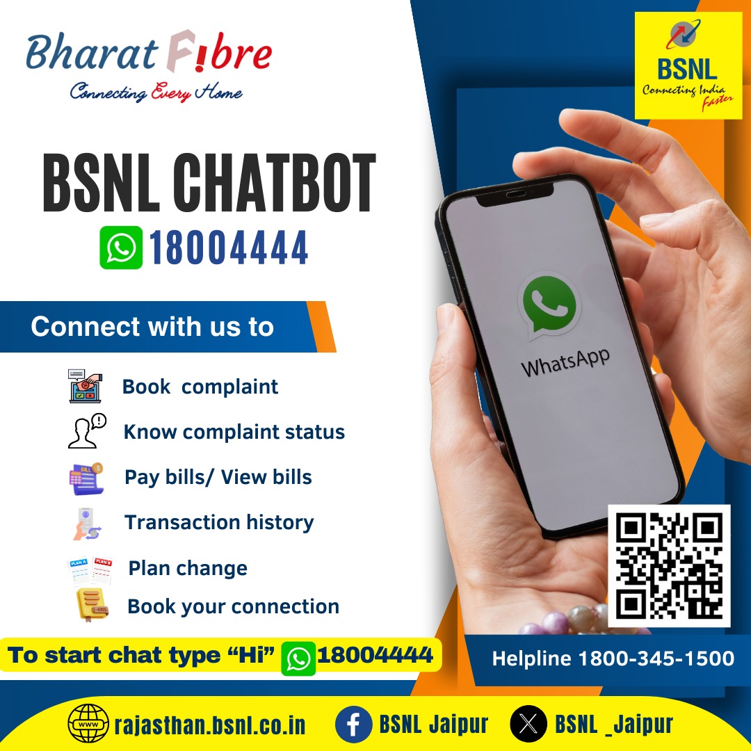 Now #FTTH connection booking in #BSNL is much easier than ever before. Just send 'Hi' on BSNL chatbot No. 18004444 and follow the chat to get it done. 
#bsnlservices #highspeedinternet @BSNL_RJ