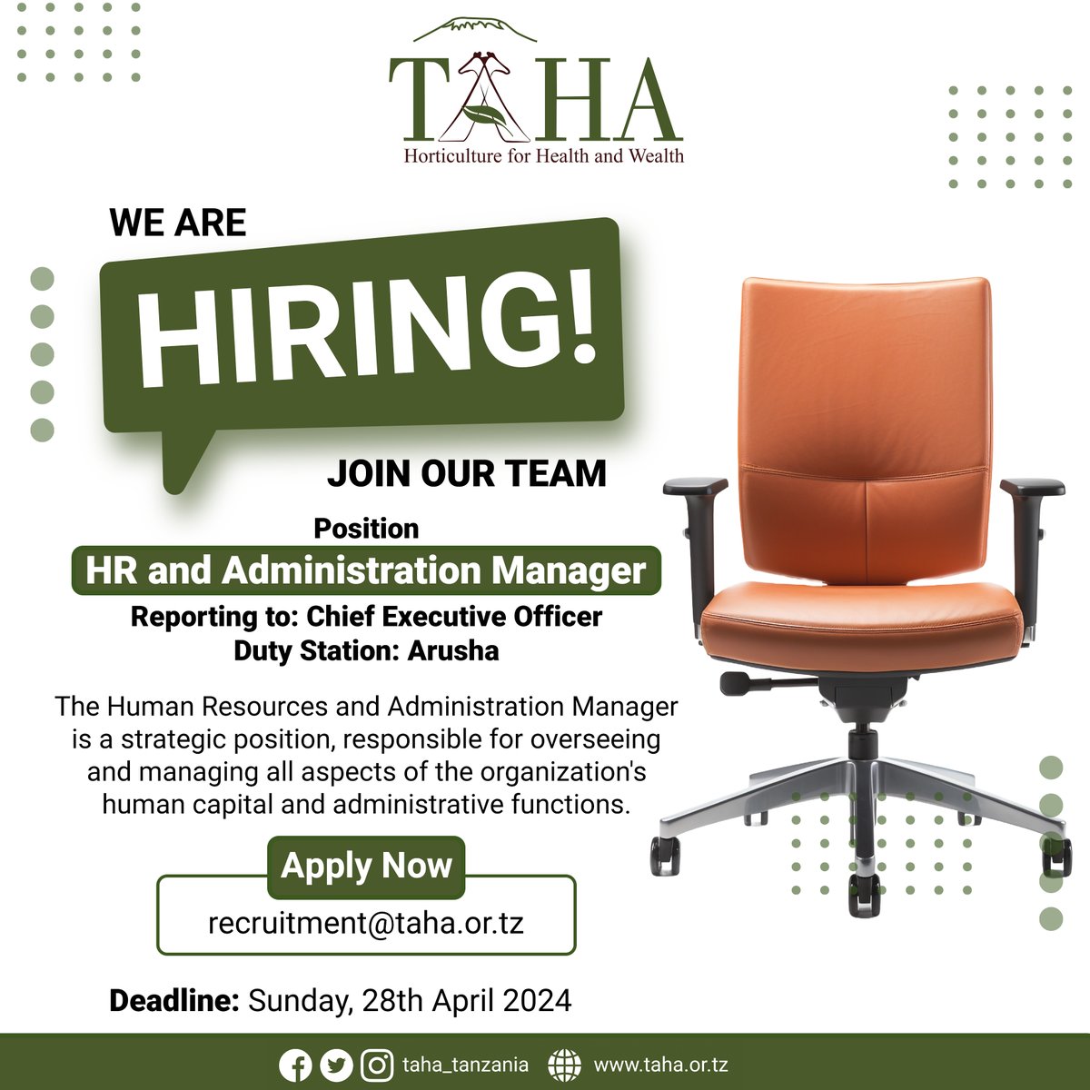 JOIN THE TAHA TEAM!! Interested and suitably qualified individuals should send their applications through the following email: recruitment@taha.or.tz DEADLINE: Sunday, 28th April 2024