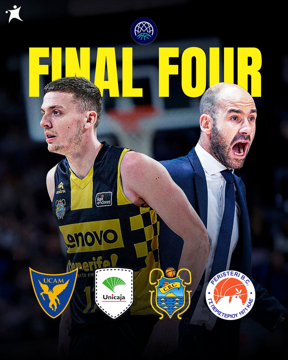 BCL Final Four is set with four teams qualified for the final rounds in Belgrade 😎

🇪🇸 UCAM Murcia vs. Unicaja 🇪🇸
🇪🇸 Tenerife vs. Peristeri 🇬🇷