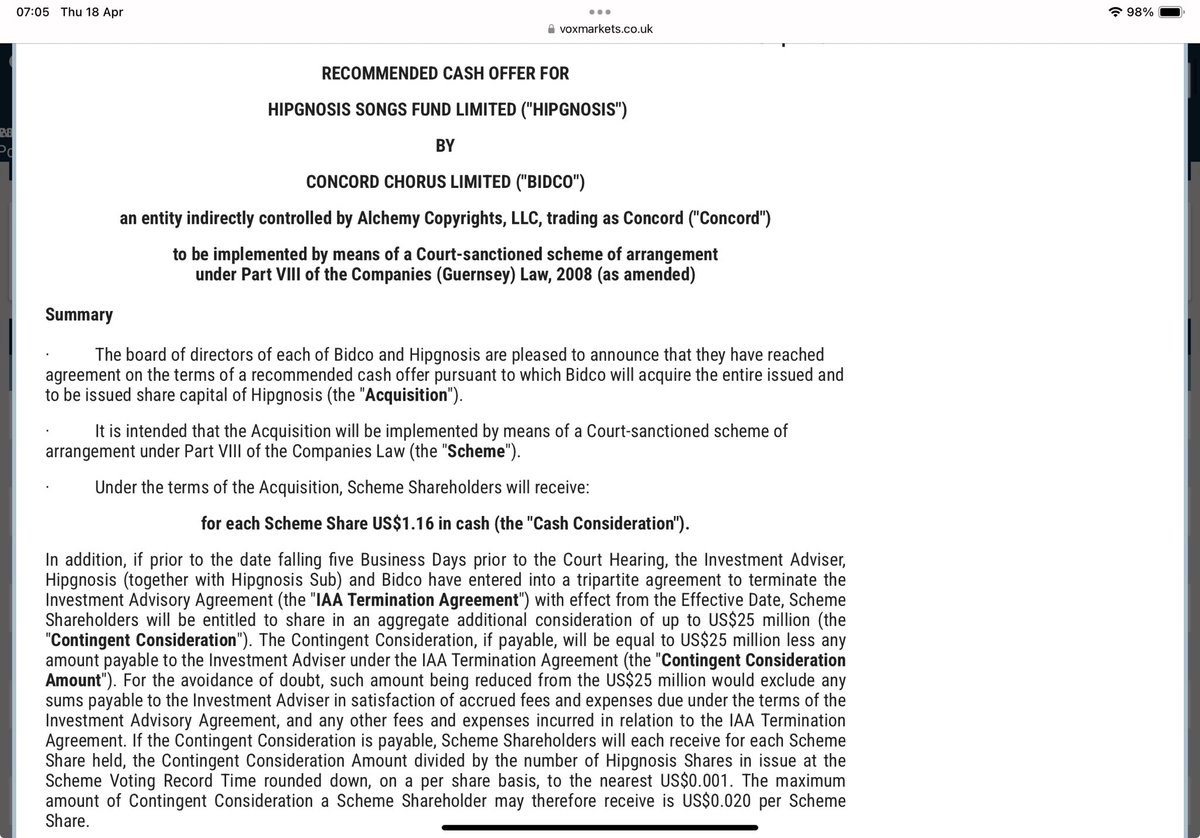 #SONG Another Day Another Takeover Bid And this time it’s for the perennially troubled Hipgnosis Songs Fund Offer $1.16 equivalent to 92.32p The shares closed at 70.5p last night What will we find to talk about now in that sector (apart from #HOME that is)? 🤷🏻‍♀️