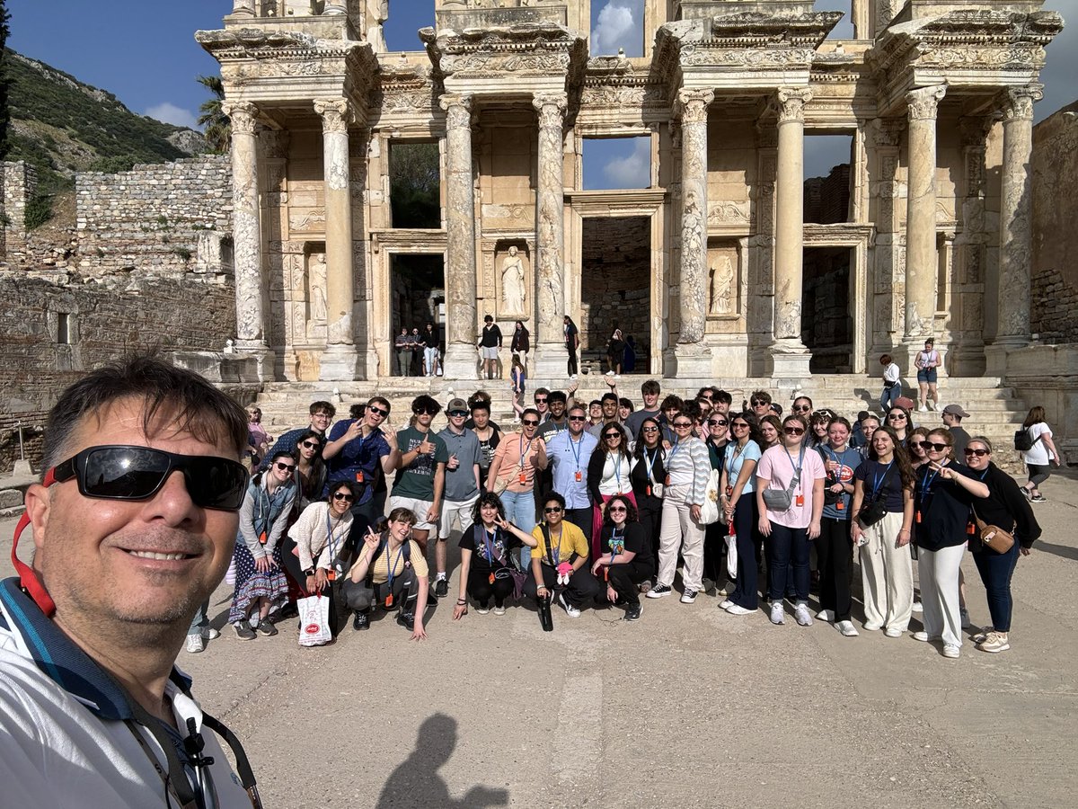 FHS2Greece's tweet photo. Bus 1 at the Celsus Library in ancient Ephesus https://t.co/OBKMYAbgph