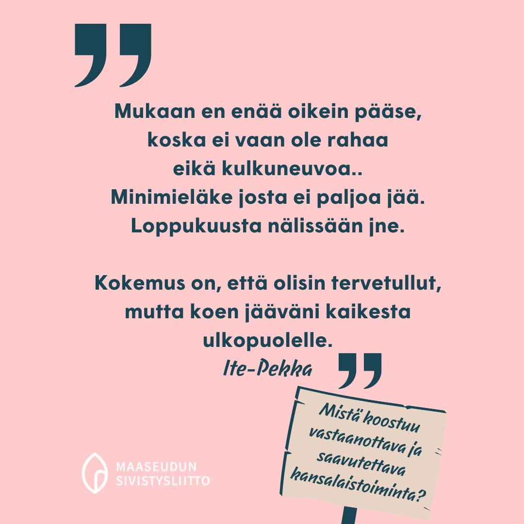 🔍Etsimme ilmiantoja hyvistä ja huonoista kohtaamisista! Jaetut kokemukset auttavat tunnistamaan osallistumisen esteitä, jotta mahdollisimman moni voisi osallistua yhteiseen toimintaan. Vastaa kyselyyn: forms.office.com/e/cPXF8u9mgA
Lue lisää msl.fi/tule-mukaan-va…
#kansalaistoiminta