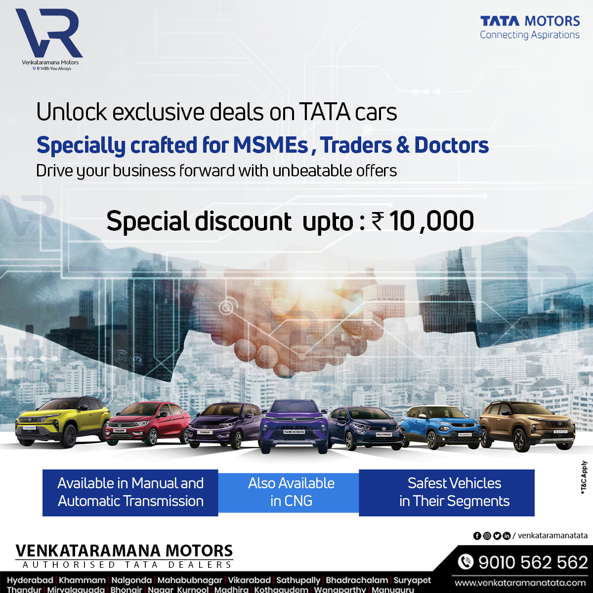 #VenkataramanaMotors exclusive deals on tata cars for MSMEs, Traders & Doctors. Book today & get special discount upto ₹10,000*. Hurry Up! Visit us - venkataramanatata.com/new-cars.html Call us on - 9010562562 #TataCarOffers #Festival #FestivalOffers #Offers #Pricebenefits #Harrier #Safari