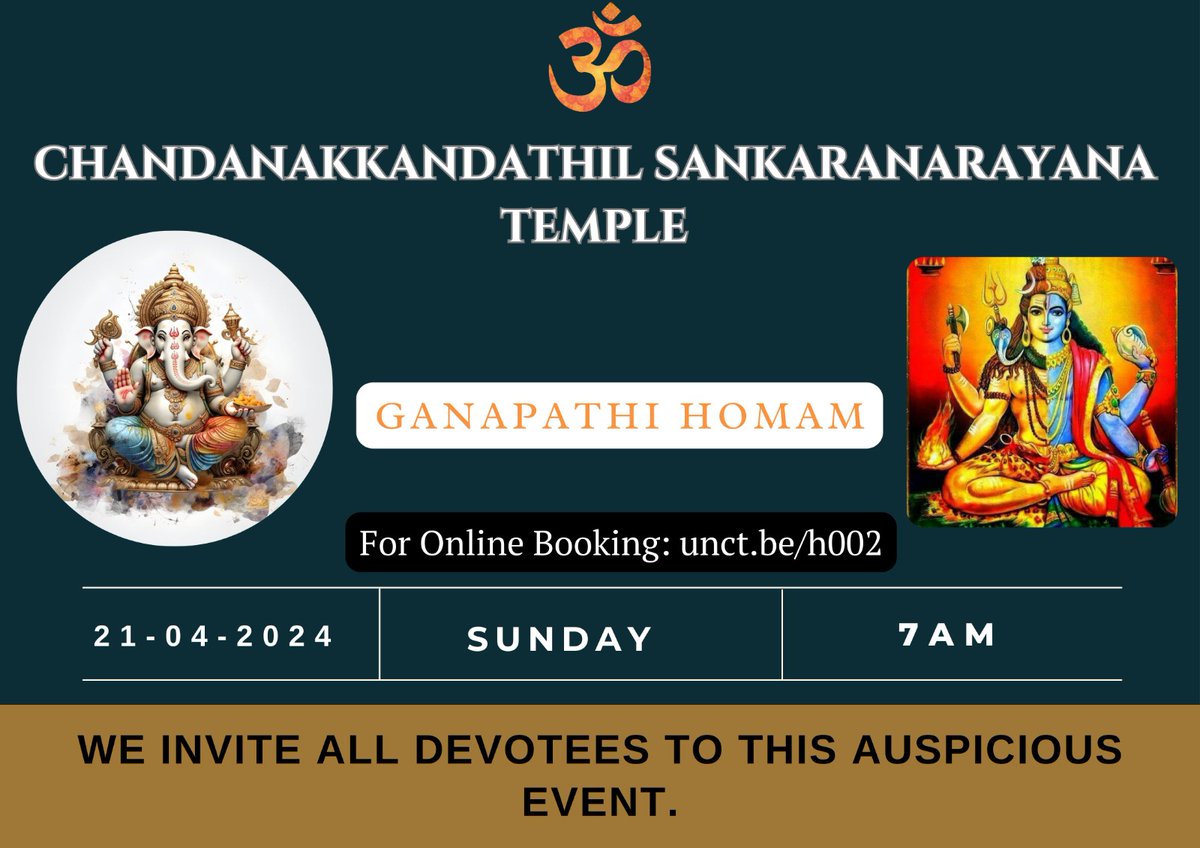 Ganapati Homam at Chandanakkandathil SankaraNarayana temple Malappuram as part of the revival. Date: 21 April 2024 Time: 7.00 AM Will be done by Brahmasree Unnikrishnan Namboodirippad. You can include names via unct.be/h002 #ReclaimTemples #KL019