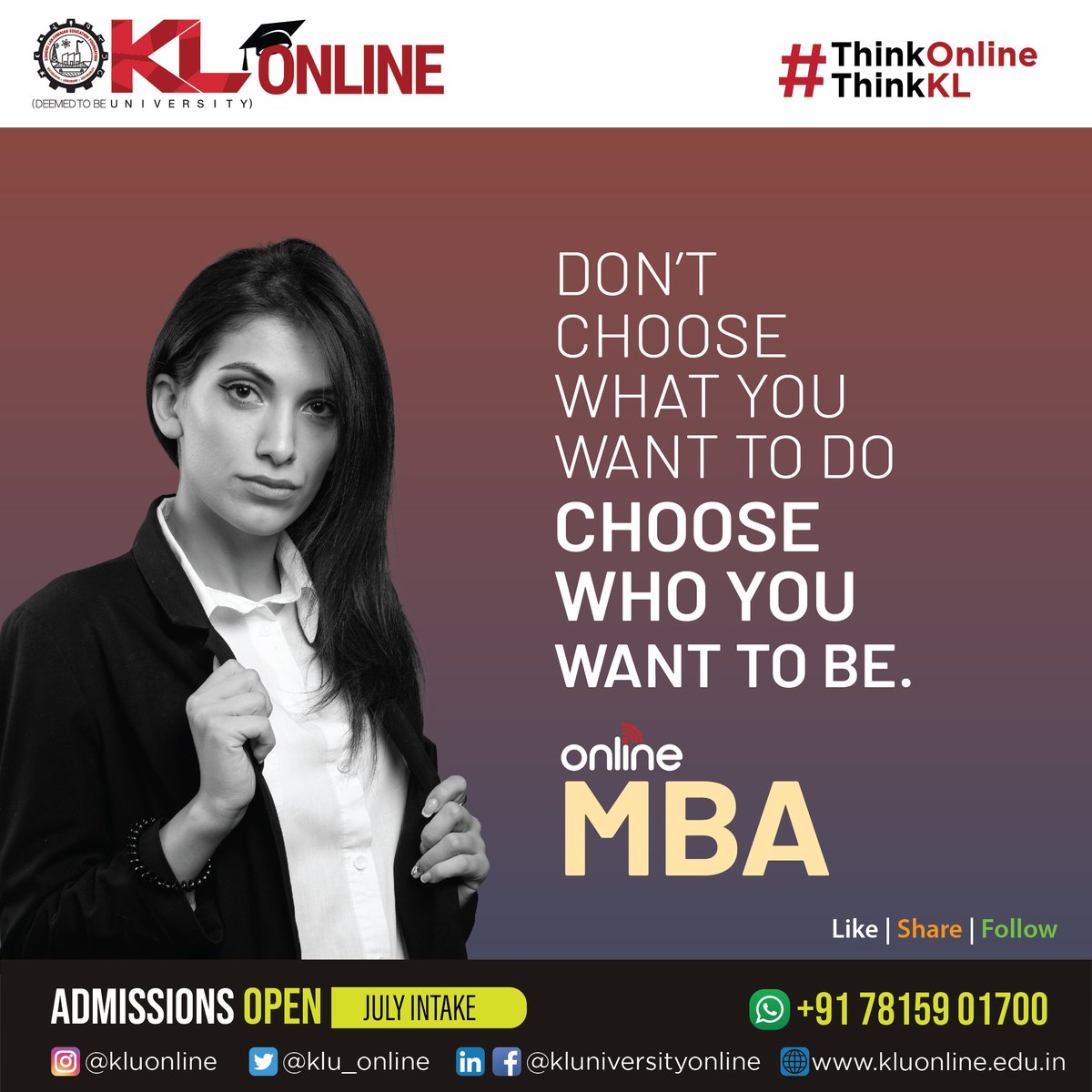 Shape your future with our Online MBA program! Join us for the July intake and embark on transformative journey towards becoming the leader you aspire to be. 

#KLOnline #KLUniversity #ThinkOnlineThinkKL #AdmissionsOpen2024 #Onlinedegree #onlinelearning #OnlineMBA #ugcourses