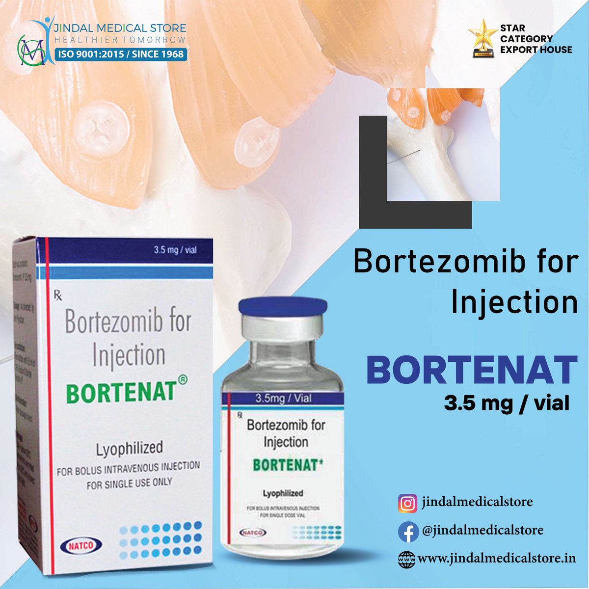 Fight against multiple myeloma and mantle-cell lymphoma with Bortenat 3.5mg Injection. Its powerful action halts cancer cell growth.

#Bortenat #CancerTreatment #TreatMultipleMyeloma #MantleCellLymphoma #Oncology #FightCancer #Chemotherapy #NeverGiveUp #JindalMedicalStore #JMS