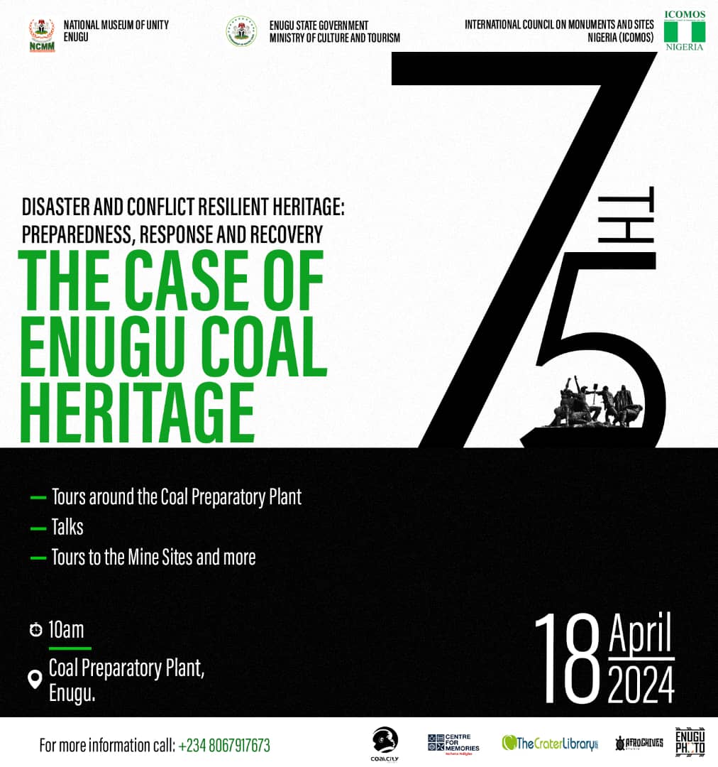 Join us today as we  celebrate the  International Monuments and Sites Day, also known as World Heritage Day. 

The event will be held at the Coal Preparatory Plant in Enugu (By Old UNTH) starting at 10am.

The event in Enugu will highlight the legacy of coal in Enugu and Nigeria