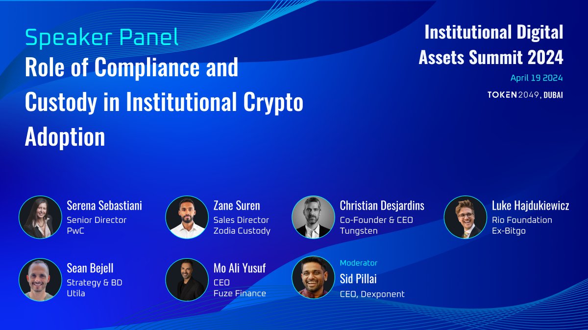 Panel 2 : Role of compliance and custody in institutional crypto adoption

The panel discussion will feature esteemed speakers, including:

<a href="/_WhatifSS_/">Serena Sebastiani</a>  | <a href="/PwC/">PwC</a>  
<a href="/surensview/">Zane Suren</a>  | <a href="/ZodiaCustody/">Zodia</a>  
Christian Desjardins | Tungsten 
<a href="/LukeHajduk/">Luke Hajdukiewicz</a> | <a href="/RioRestaking/">Rio Network</a> 
Sean Bejell | <a href="/utila_io/">Utila</a>