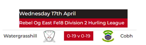 It ended all square last night for Cobh minor hurlers. A great performance by all players who fought hard to the final whistle. Both teams deserve a draw as only a point separated them all through the match. Next up is a home game against Erins Own on Wednesday 1st May @7pm